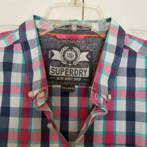 Superdry Men's 2XL ShirtPlaid Short Sleeve Button Down Blue Pink Summer Cotton